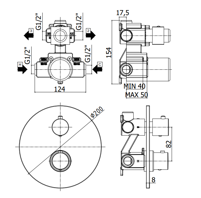 Disegno tecnico con quote di Paffoni Light Liq018no Miscelatore doccia Incasso 2 Uscite