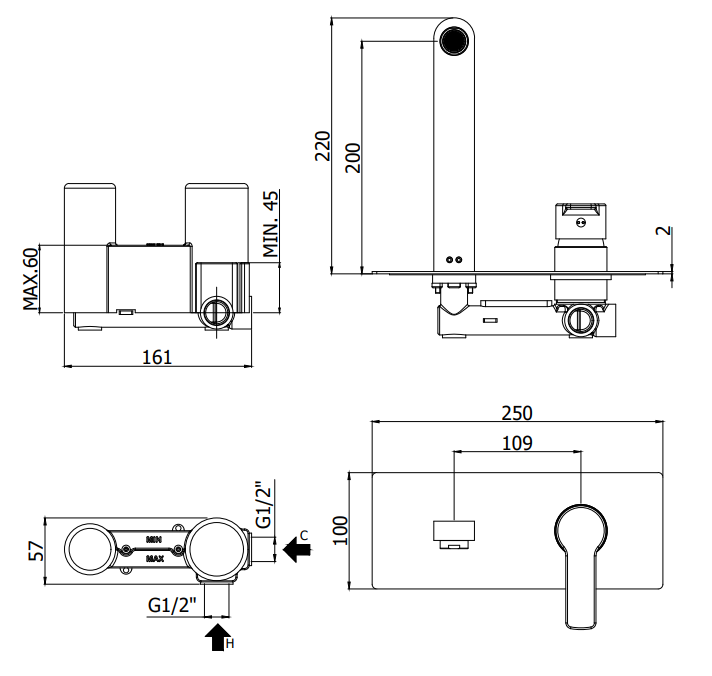 Paffoni Red Red106 Miscelatore lavabo ad Incasso 2 Fori, vista laterale del profilo e della forma