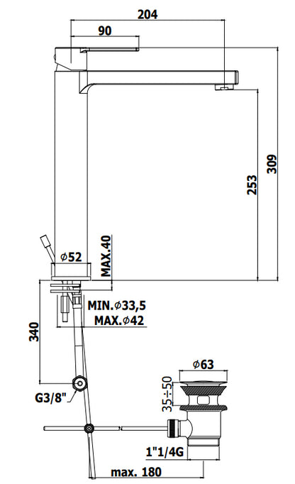 Paffoni Ringo Rin081k Miscelatore Lavabo alto Prolungato Con Scarico Clic Clak Cromo