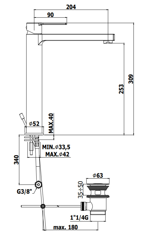Paffoni Ringo Rin081k Miscelatore Lavabo alto Prolungato Con Scarico Clic Clak Cromo