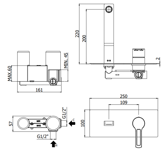 Paffoni Ringo Rin015 Miscelatore lavabo Incasso 2 Fori, vista laterale del profilo e della forma