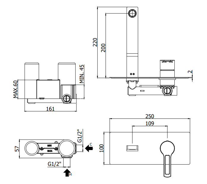 Paffoni Ringo Rin106no Miscelatore lavabo Incasso Nero Opaco, vista laterale del profilo e della forma