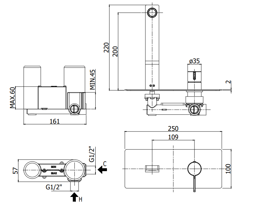 Paffoni Rock Miscelatore lavabo Incasso 2 Fori bocca 24 cm, vista laterale del profilo e della forma