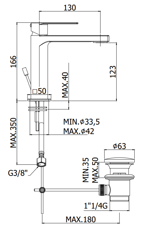Paffoni Steel Ta075st Miscelatore Lavabo Con Piletta Steel, vista laterale del profilo e della forma