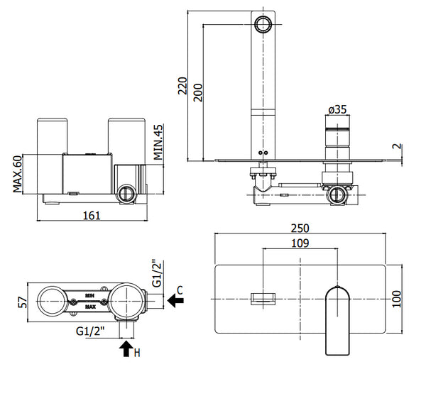 Paffoni Tango TA104CR Miscelatore lavabo Incasso 2 Fori Piastra Rettangolare E Bocca 15 cm Cromo