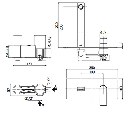 Paffoni Tango TA105 Miscelatore lavabo a muro ad incasso 2 Fori con piastra e bocca 20 cm scromo