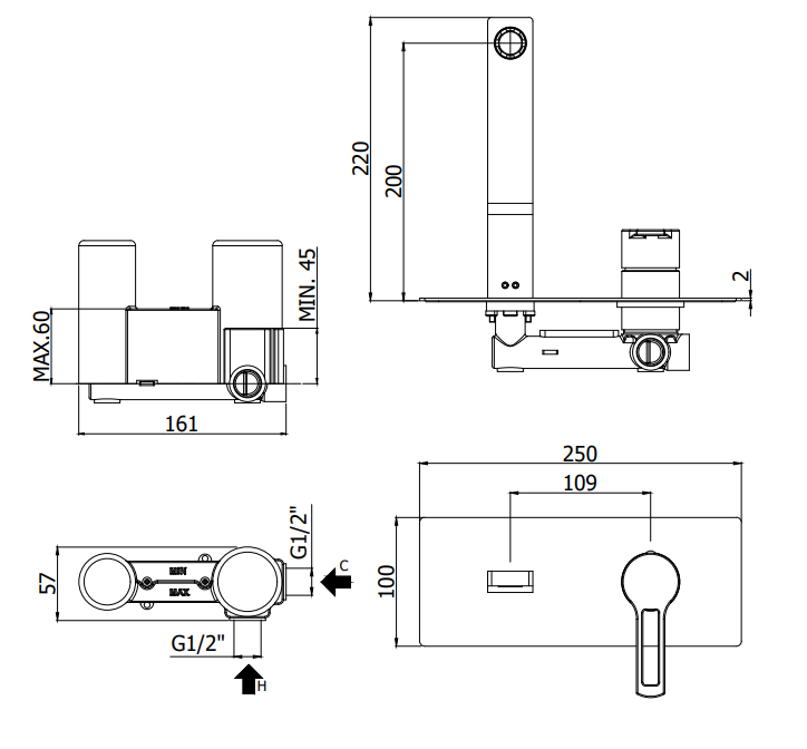 Paffoni West Ws106cr Miscelatore lavabo Incasso 2 Fori, vista laterale del profilo e della forma