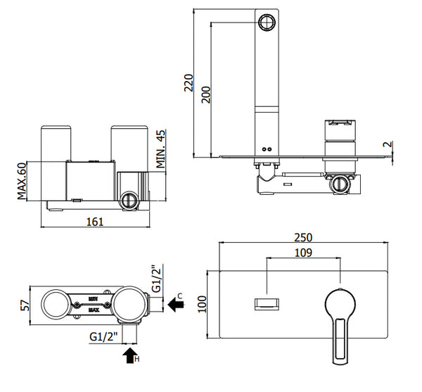 Paffoni West Ws106cr Miscelatore lavabo Incasso 2 Fori Bocca 24 cm Cromo