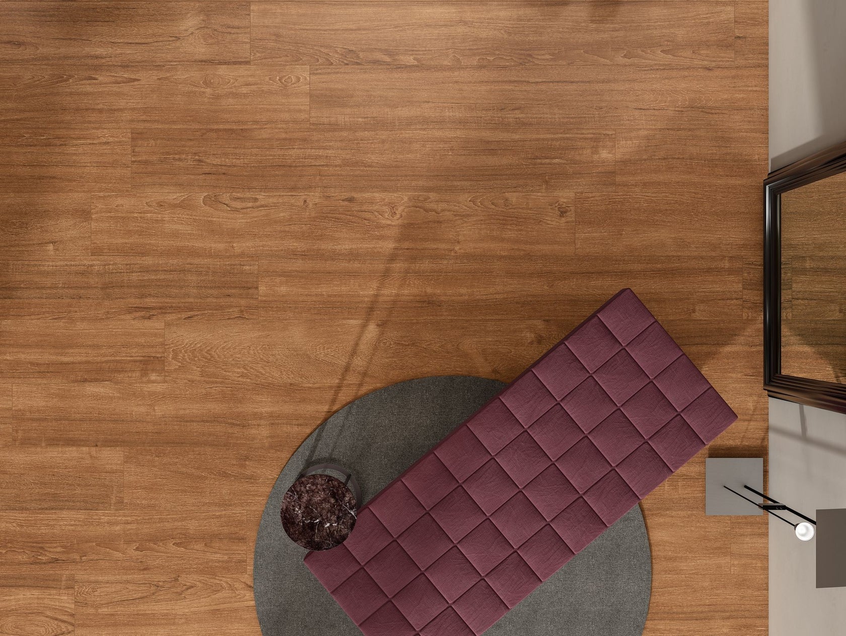 Pavimento Rivestimento 20x120 Effetto Legno 6,5 mm In Teak Soft posata in ambiente arredato, dettaglio della venatura...