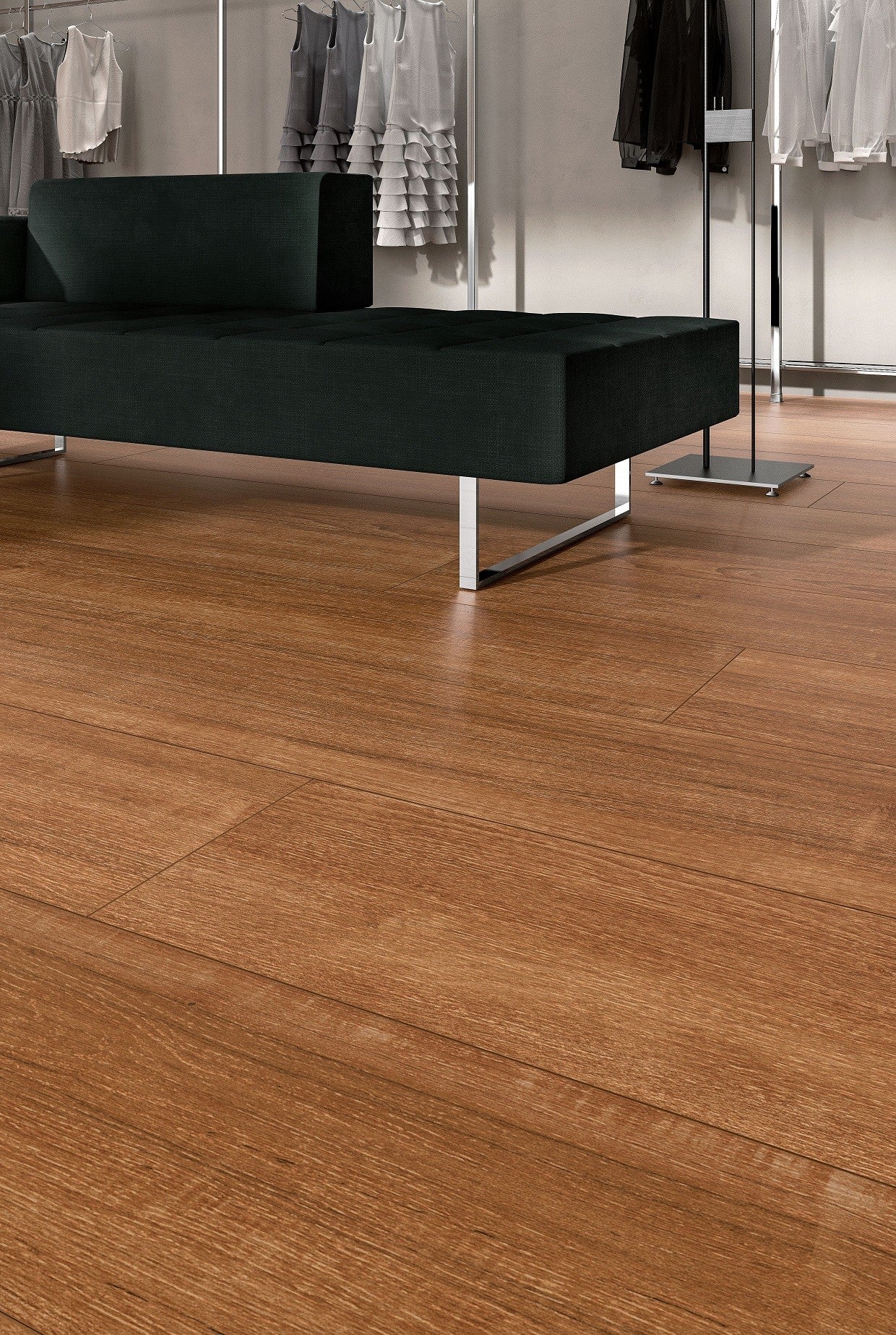 Pavimento Rivestimento 20x120 Effetto Legno 6,5 mm In Teak Soft in ambientazione completa, vista d'insieme della stanza...