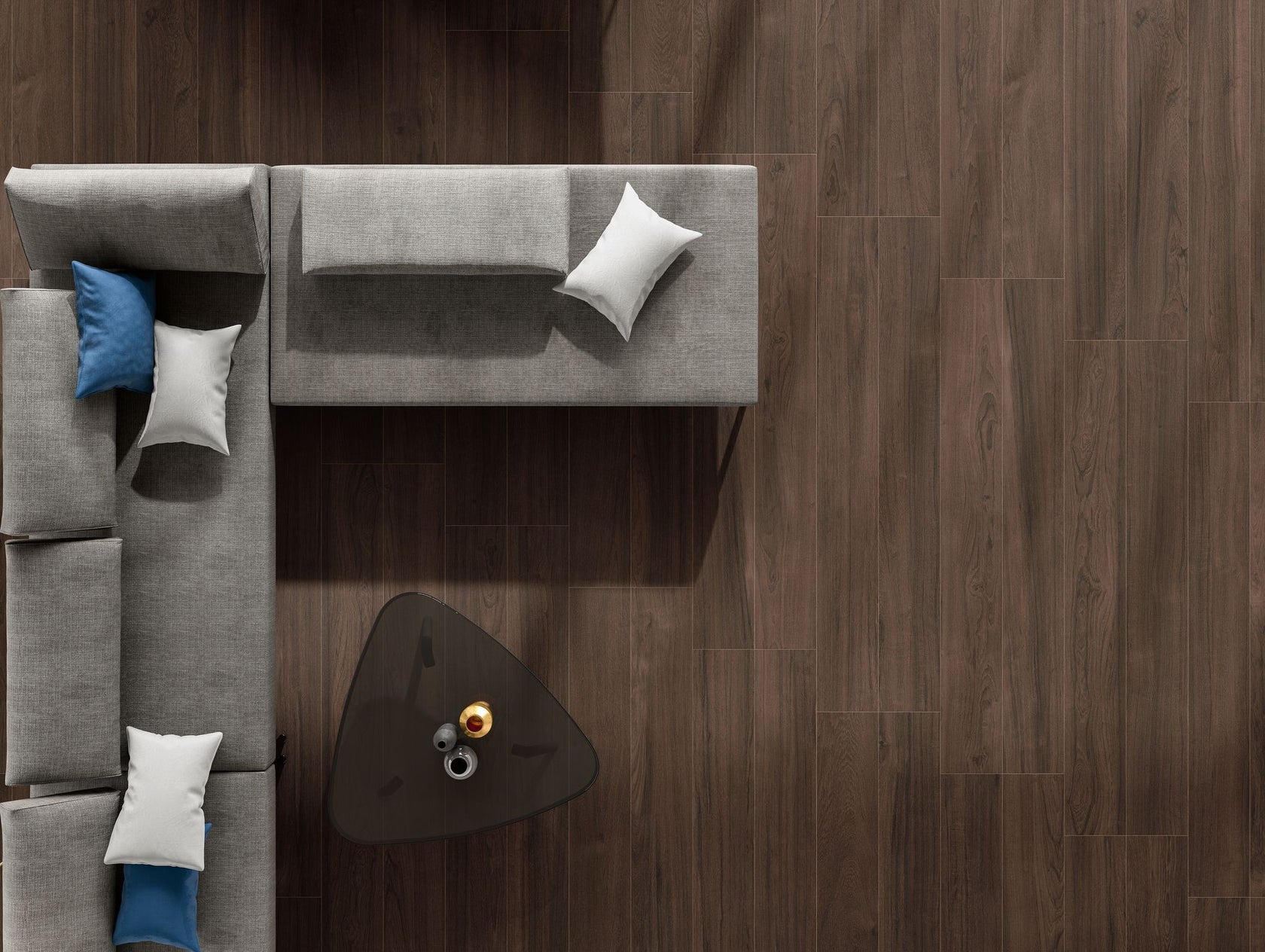 Pavimento Rivestimento 30x240 Effetto Legno 6,5 mm In Ebony Soft posata in ambiente arredato, dettaglio della venatura...