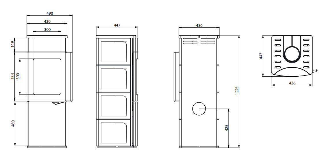 Schema tecnico di installazione di Stufa A Legna ad aria 8kw con porta verticale automatica in Bianca Lucida con canna...