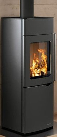 Stufa A Legna ad aria 8kw con porta verticale automatica in, vista laterale che mostra profilo e dimensioni