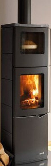 Stufa A Legna Con Forno ad aria 8kw rivestimento in Acciaio, vista laterale che mostra profilo e dimensioni