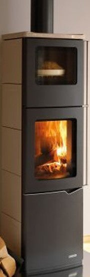 Stufa A Legna Con Forno ad aria 8kw rivestimento Ceramica, vista laterale che mostra profilo e dimensioni