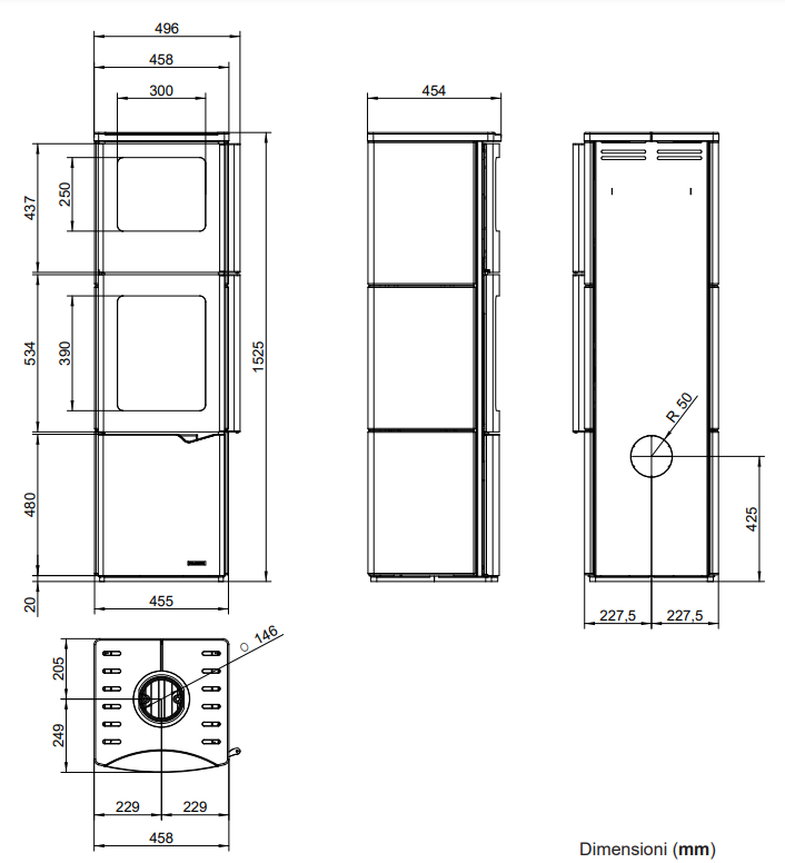 Schema tecnico di installazione di Stufa A Legna Con Forno ad aria 8kw rivestimento Ceramica con canna fumaria