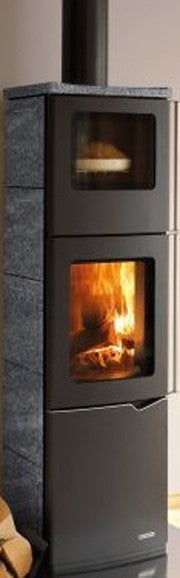 Stufa A Legna Con Forno ad aria 8kw rivestimento Pietra, vista laterale che mostra profilo e dimensioni