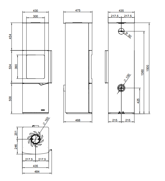 Schema tecnico di installazione di Stufa A Legna 8kw Ventilata Canalizzabile con telecomando con canna fumaria