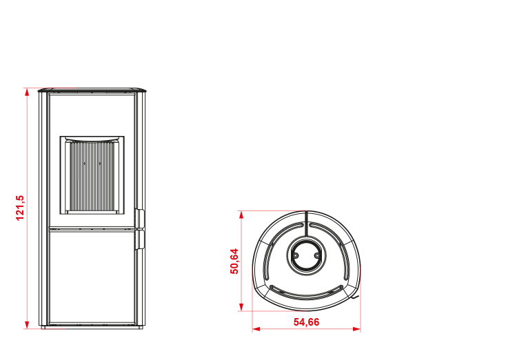 Schema tecnico di installazione di Stufa a Legna ad aria 8 kw con porta verticale top in con canna fumaria