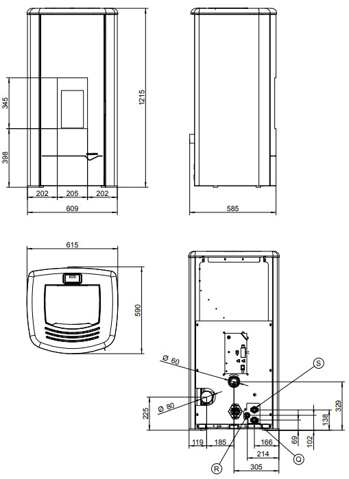 Schema tecnico di installazione di Stufa A Pellet ad acqua ecofire con top in ghisa e acciaio con canna fumaria