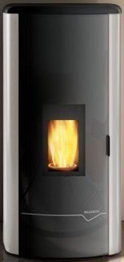 Stufa A Pellet ad acqua ecofire con top in ghisa e acciaio Bianca, vista laterale che mostra profilo e dimensioni