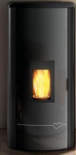 Stufa A Pellet ad acqua ecofire con top in ghisa e acciaio Nera, vista laterale che mostra profilo e dimensioni