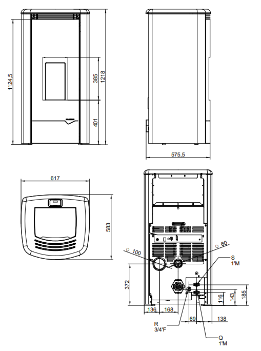 Schema tecnico di installazione di Stufa A Pellet Ventilata ad acqua con top in ghisa e Bianca con canna fumaria