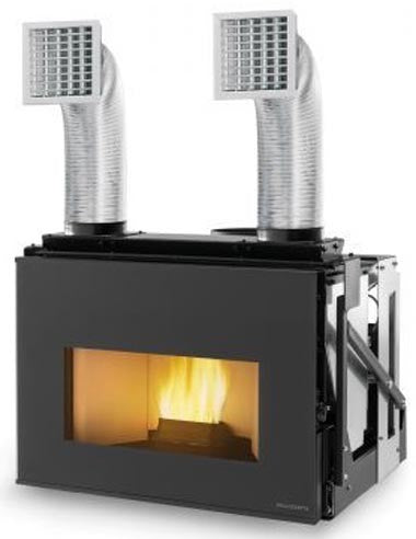 Focolare A Pellet Ecofire ad Aria da inserimento per camino Acciaio Inox, vista laterale che mostra profilo e dimensioni