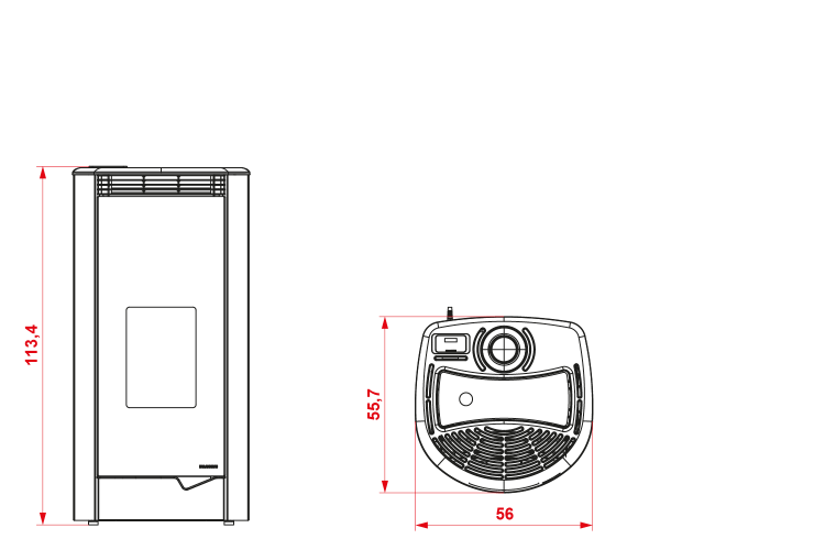 Palazzetti Marianne 9 Stufa ermetica A Pellet Ecofire ad, vista laterale che mostra profilo e dimensioni