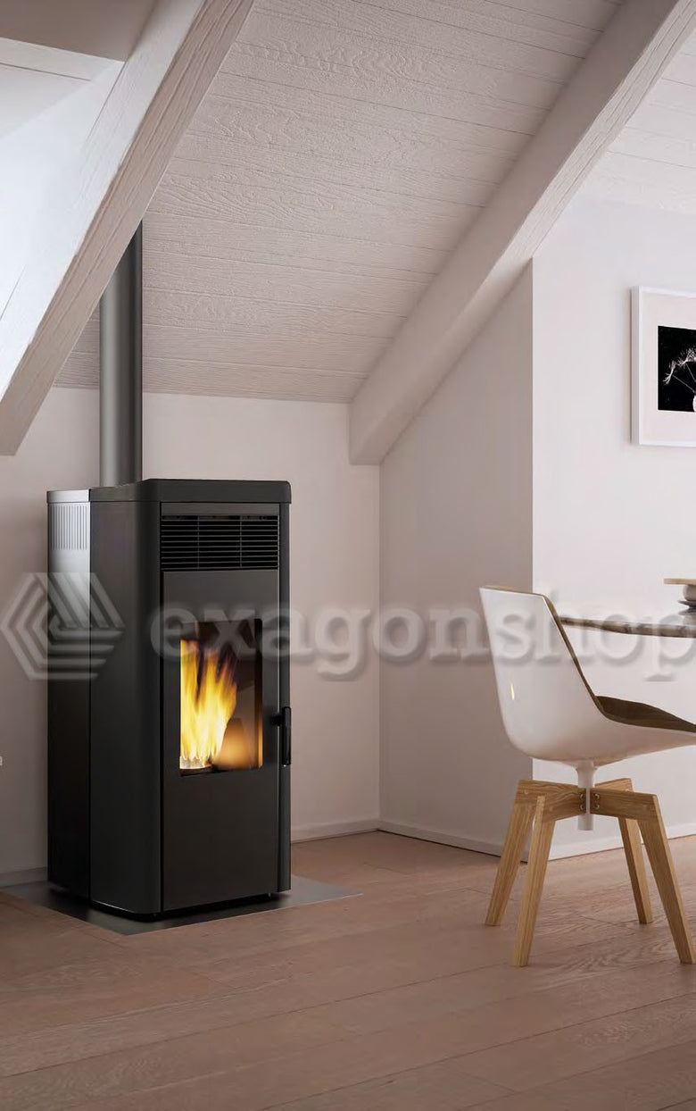 Royal Lea air 90 us stufa a pellet ad aria uscita fumi, vista laterale che mostra profilo e dimensioni
