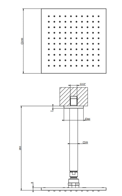 Gessi Emporio 47374 Soffione 20x20 con braccio a Soffitto Cromo