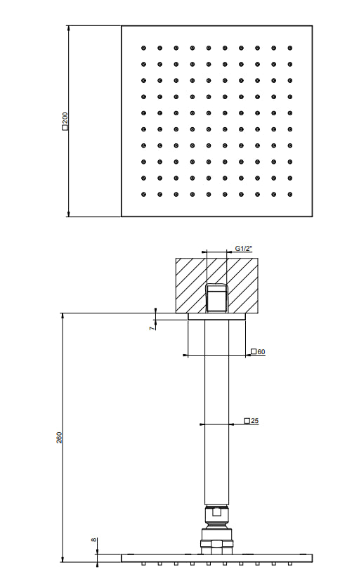 Soffione Doccia 20x20 quadro orientabile con braccio a Soffitto Cromo Gessi Emporio 47374