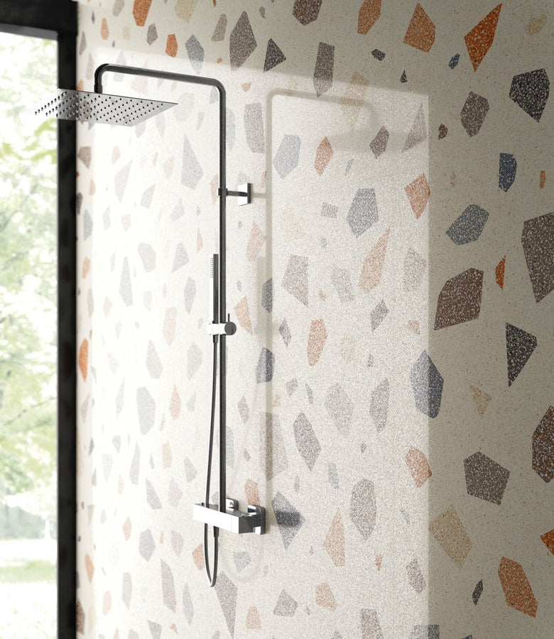 Pavimento rivestimento 60x60 decoro Effetto graniglia Palladian Light Lev posata in ambiente arredato, dettaglio della...