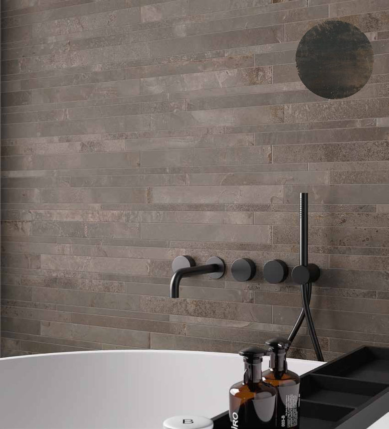 Muretto 22,5x45 Cm Effetto Metallo In Gres Porcellanto posata in ambiente arredato, dettaglio della venatura
