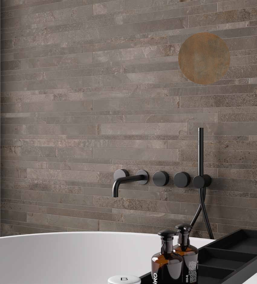 Muretto 22,5x45 Cm Effetto Metallo In Gres Porcellanto posata in ambiente arredato, dettaglio della venatura