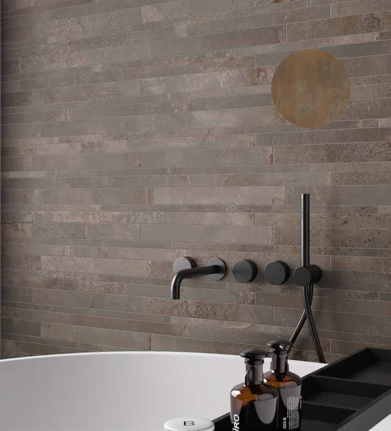 Muretto 22,5x45 Cm Effetto Metallo In Gres Porcellanto posata in ambiente arredato, dettaglio della venatura