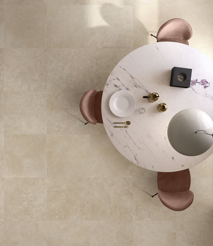 Pavimento Rivestimento 120x120 Effetto Marmo Travertino In Gres Porcellanato Cross Cut Beige Ceramica Sant Agostino Via Appia CSAACCBE12
