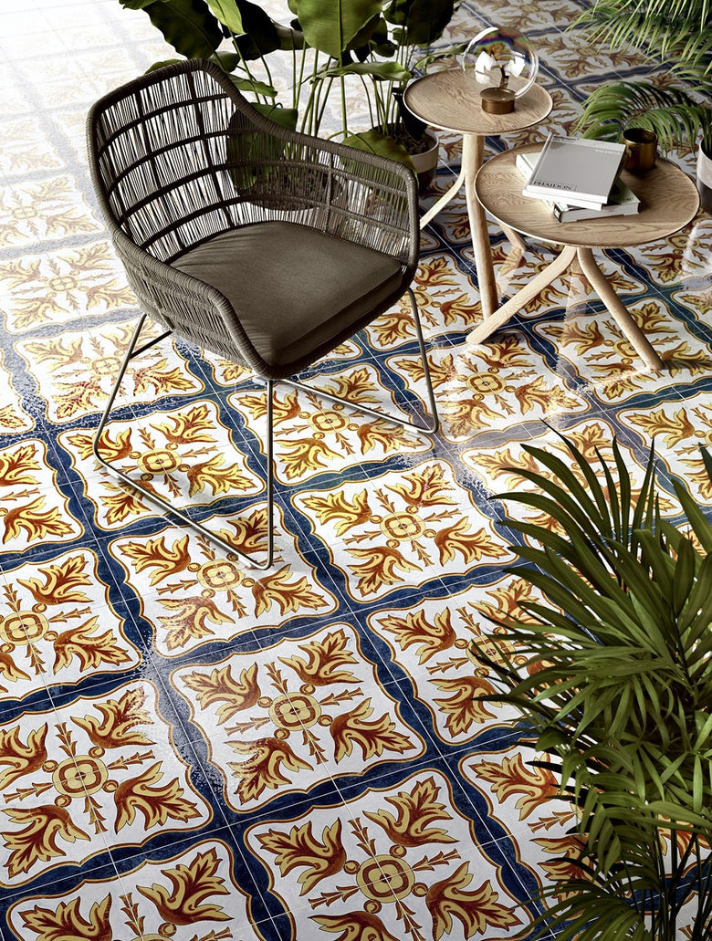 Ceramica Sant Agostino Vita Sole 02 Lucido Decoro 20x20 Cm, superficie e texture ravvicinata del gres