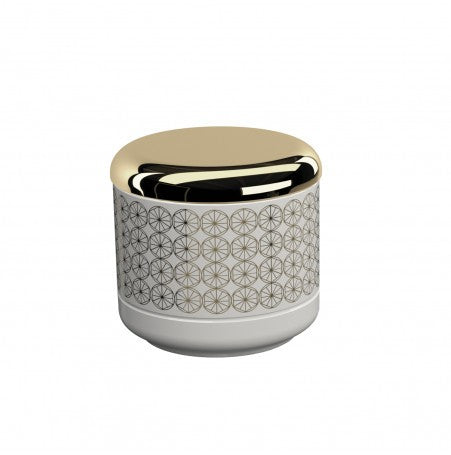 Contenitore 9x9 Circle Bianco Lucido oro Equilibrium Cosmic montato a parete, vista del design e della finitura...