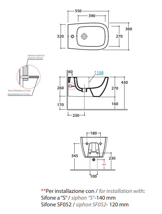 Globo Genesis Bidet Sospeso con fissaggi in ceramica Bianco, vista laterale del profilo e della forma - Ceramica Globo