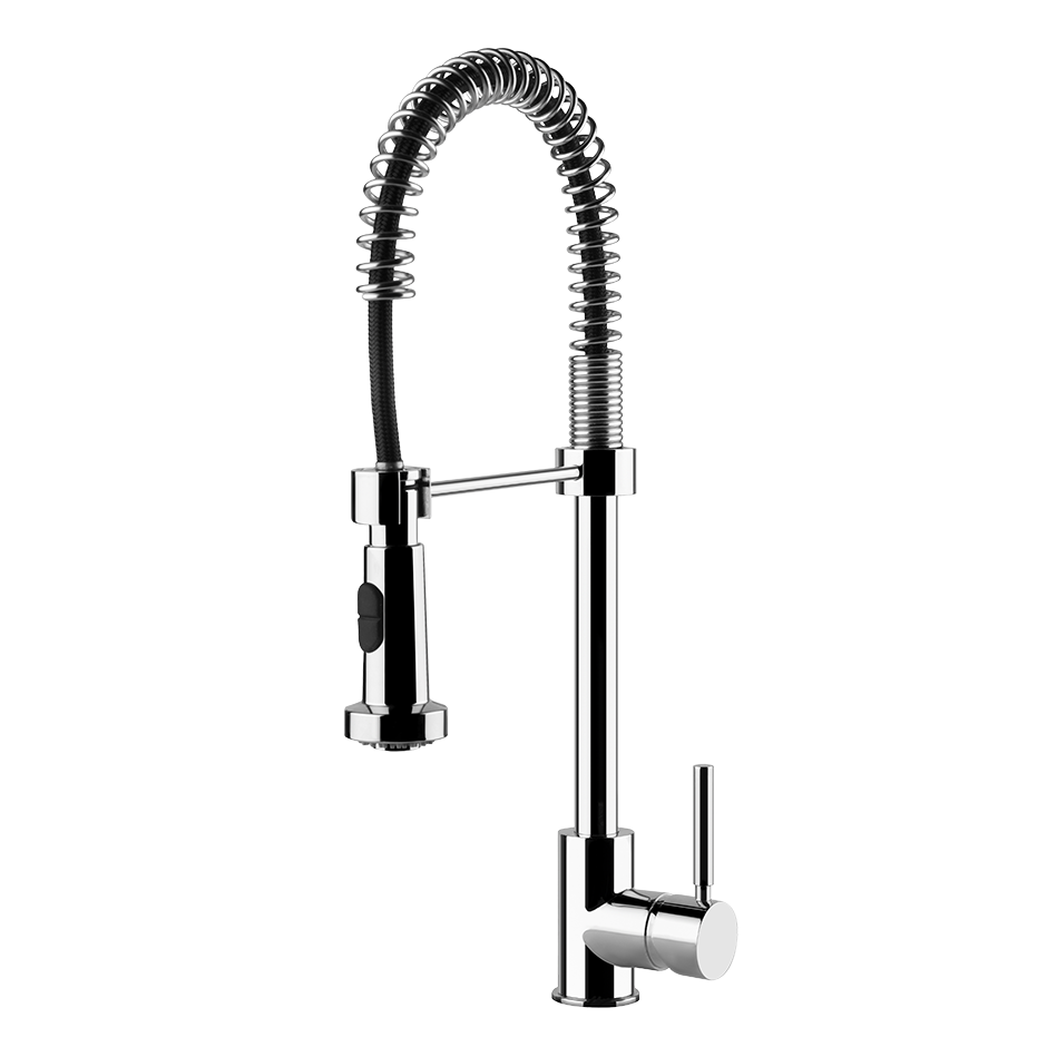 Miscelatore Cucina Semi Pro con Canna Girevole E Doccetta installato su lavello, vista della bocca e della leva