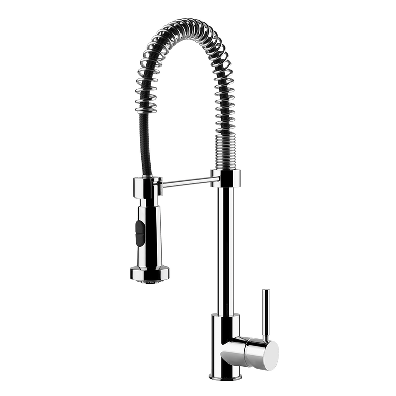 Miscelatore Cucina Semi Pro con Canna Girevole E Doccetta installato su lavello, vista della bocca e della leva