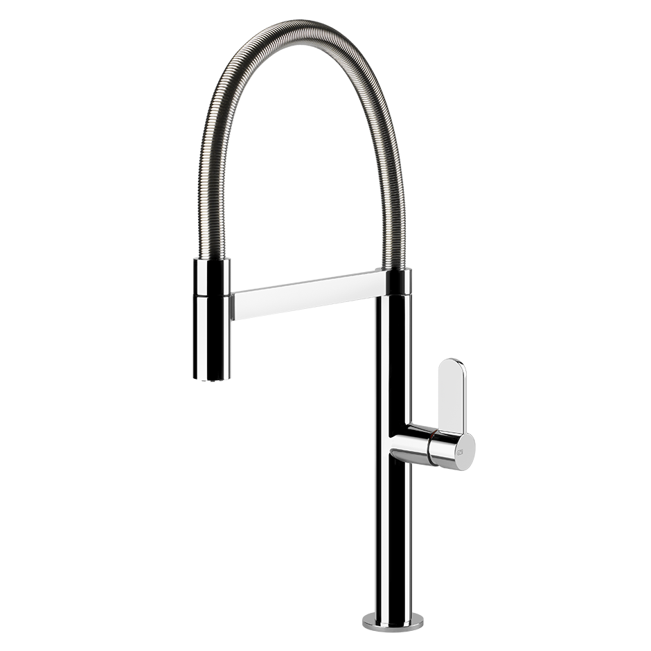 Miscelatore Semi Pro Monocomando Con Canna Girevole E installato su lavello, vista della bocca e della leva
