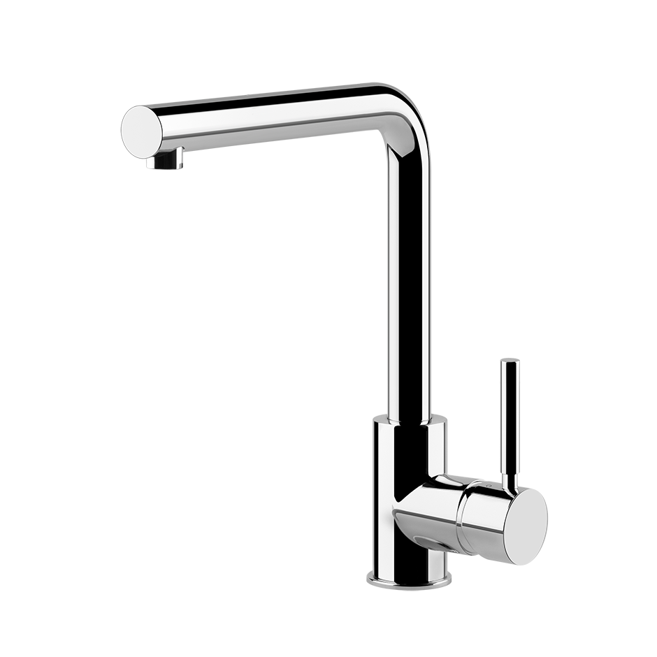 Miscelatore Cucina Monocomando Con Canna Girevole Cromo installato su lavello, vista della bocca e della leva