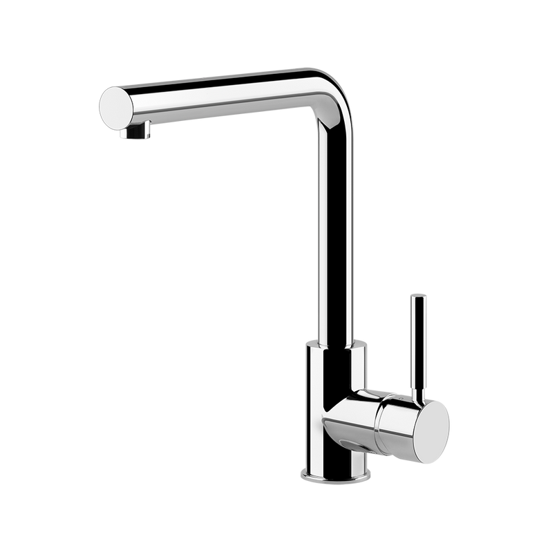 Miscelatore Cucina Monocomando Con Canna Girevole Cromo installato su lavello, vista della bocca e della leva