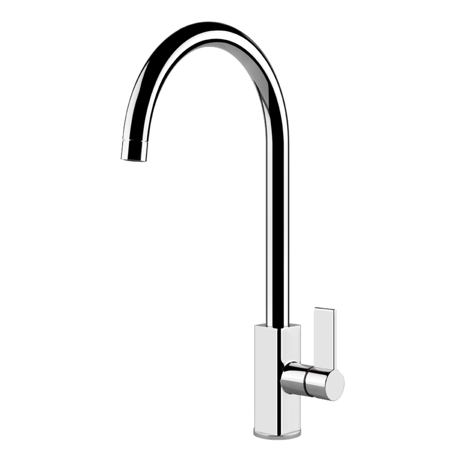 Miscelatore Cucina Monocomando Con Canna Girevole Cromo installato su lavello, vista della bocca e della leva