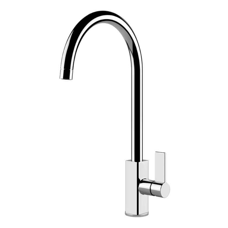 Miscelatore Cucina Monocomando Con Canna Girevole Cromo installato su lavello, vista della bocca e della leva