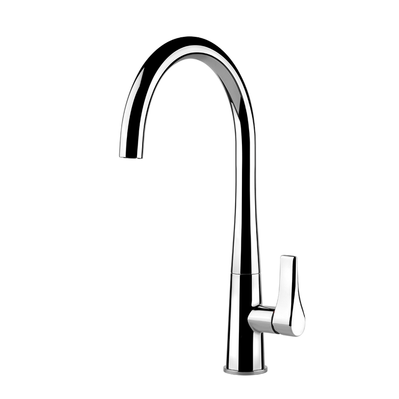 Miscelatore Cucina Monocomando Con Canna Girevole Cromo installato su lavello, vista della bocca e della leva