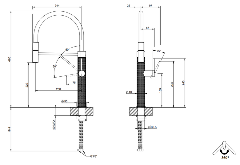 Miscelatore Cucina Semi Pro Monocomando Con Canna Girevole, vista laterale della canna girevole