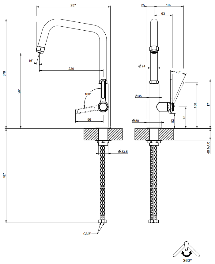 Disegno tecnico con quote di Miscelatore Cucina Monocomando Con Canna Girevole Finox